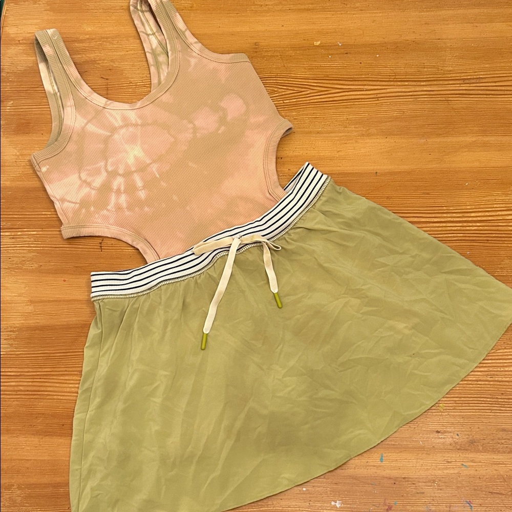 Tie-dyed Peach and Olive Tank Top and Skort Onesie Athletic Romper Medium